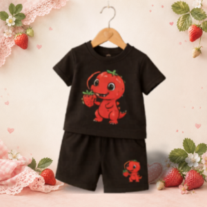 Ensemble noir enfant avec dinosaure fraise rouge et short assorti