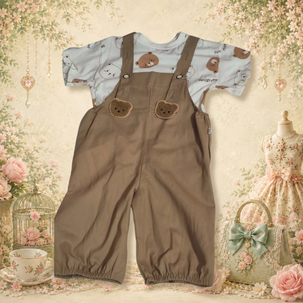 Ensemble ours bébé avec salopette brun doux de la collection Jardin Pastel