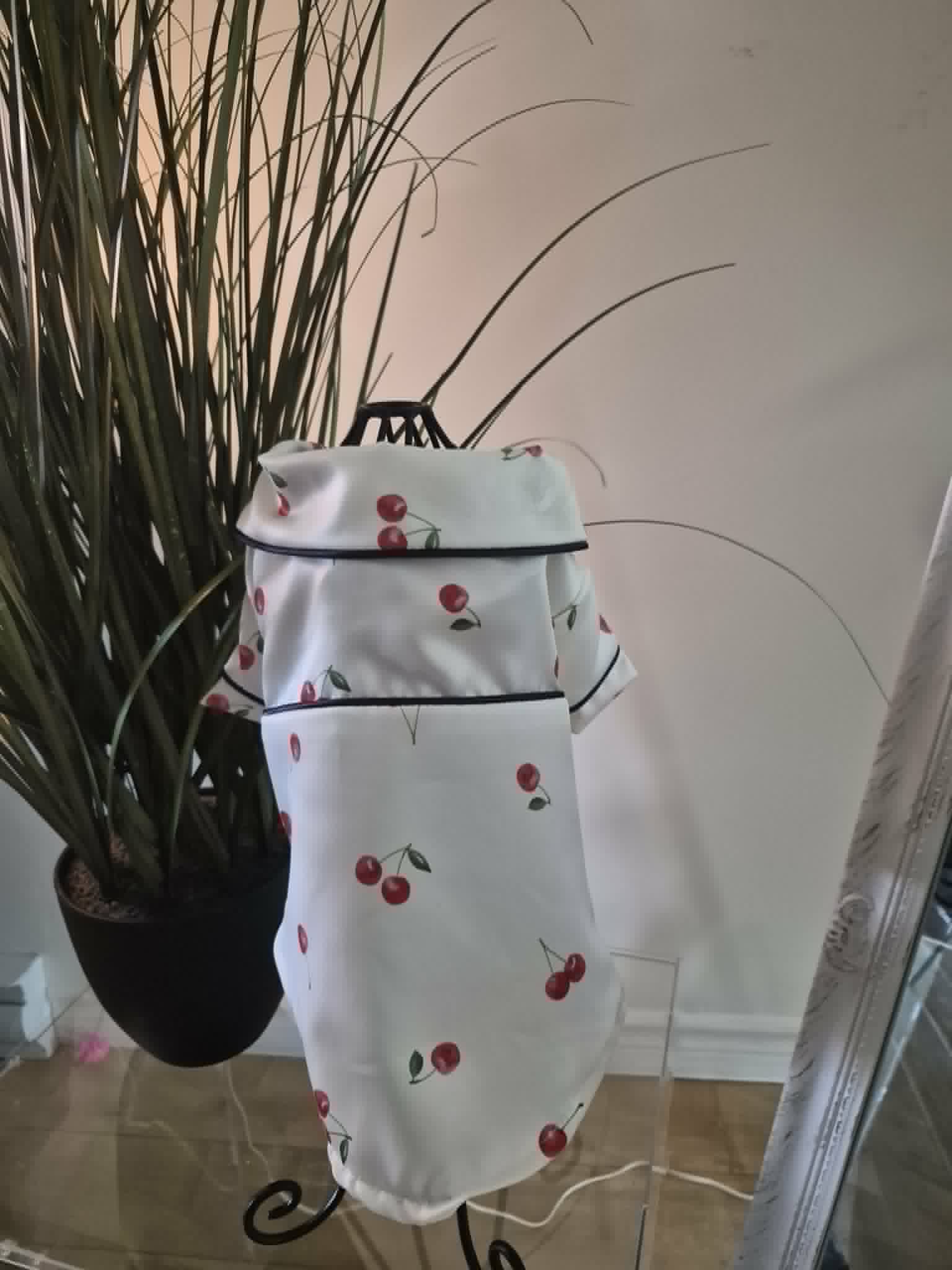Pyjama satiné blanc à motif de cerises pour chats Sphynx et petits chiens, léger et confortable pour l'été.