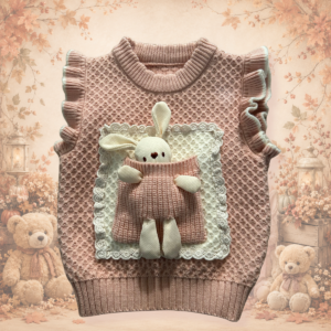 Tricot Trésors Petit Lapin rose avec poche en dentelle et lapin en peluche pour enfant.