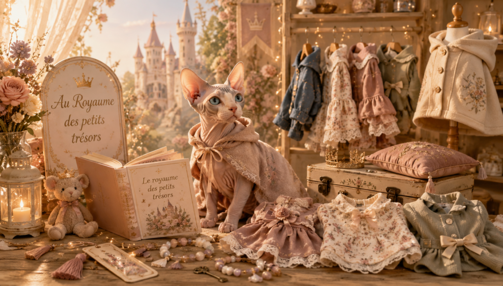 Chat sphynx dans l’univers féerique de la boutique Au Royaume des petits trésors, entouré de vêtements, bijoux et créations artisanales.